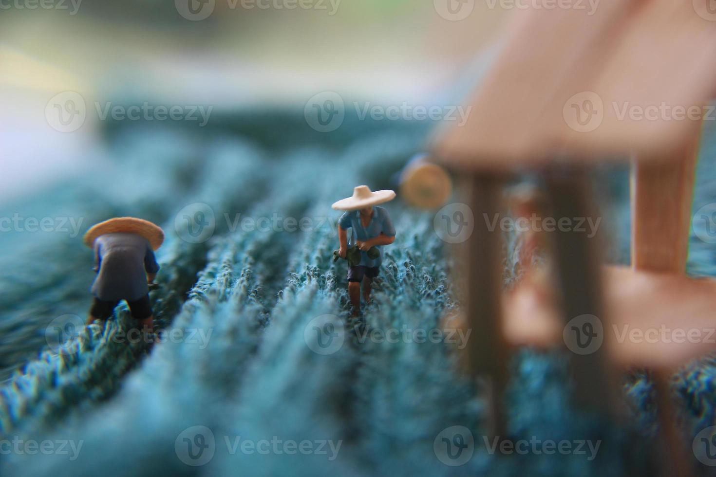 a photo of a miniature figure with the concept of a tea garden farmer who is harvesting, then a women waiting at the pavilion.