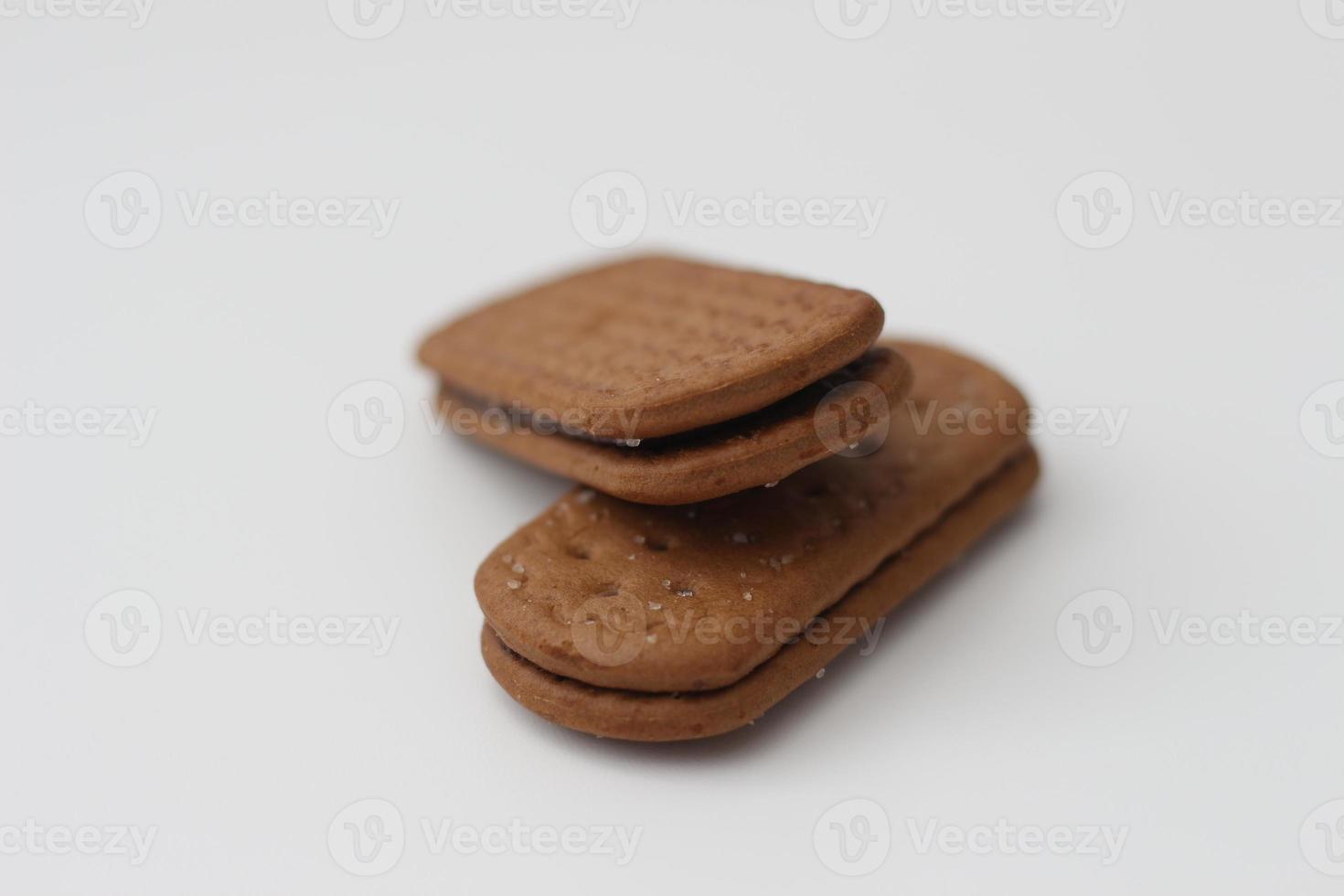 a close up of chocolate biscuit isolated on white background. photo