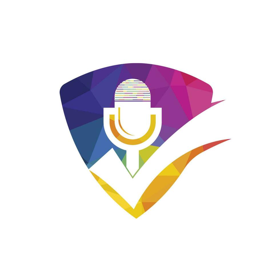 Check podcast vector logo design template. Microphone and tick icon design.