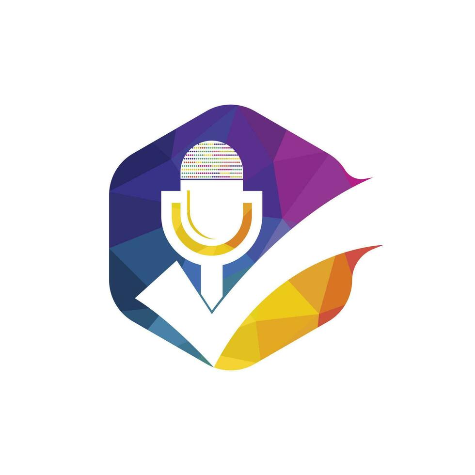 Check podcast vector logo design template. Microphone and tick icon design.