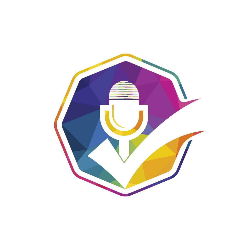 Check podcast vector logo design template. Microphone and tick icon design.