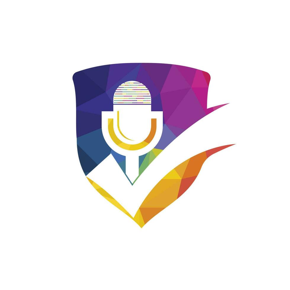 Check podcast vector logo design template. Microphone and tick icon design.
