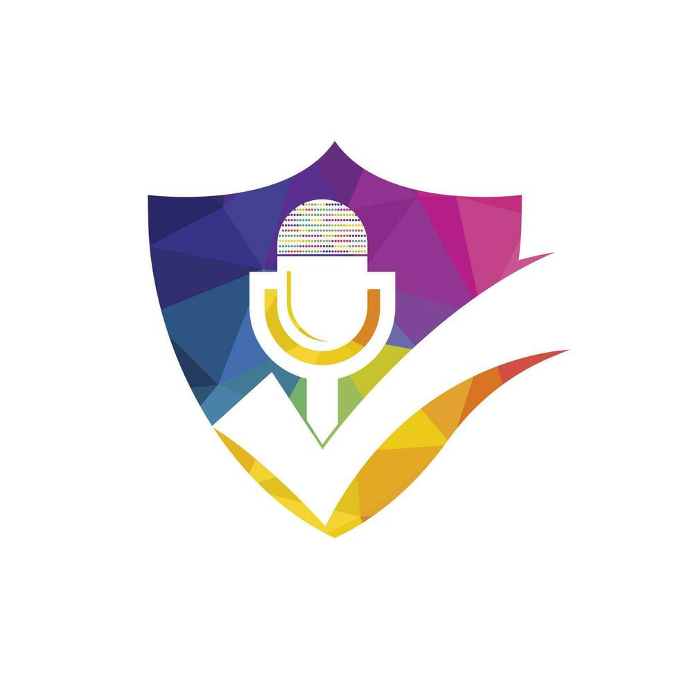 Check podcast vector logo design template. Microphone and tick icon design.