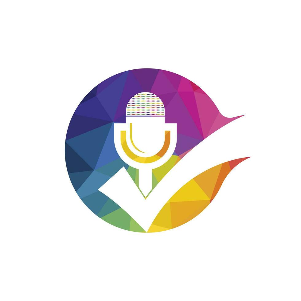 Check podcast vector logo design template. Microphone and tick icon design.