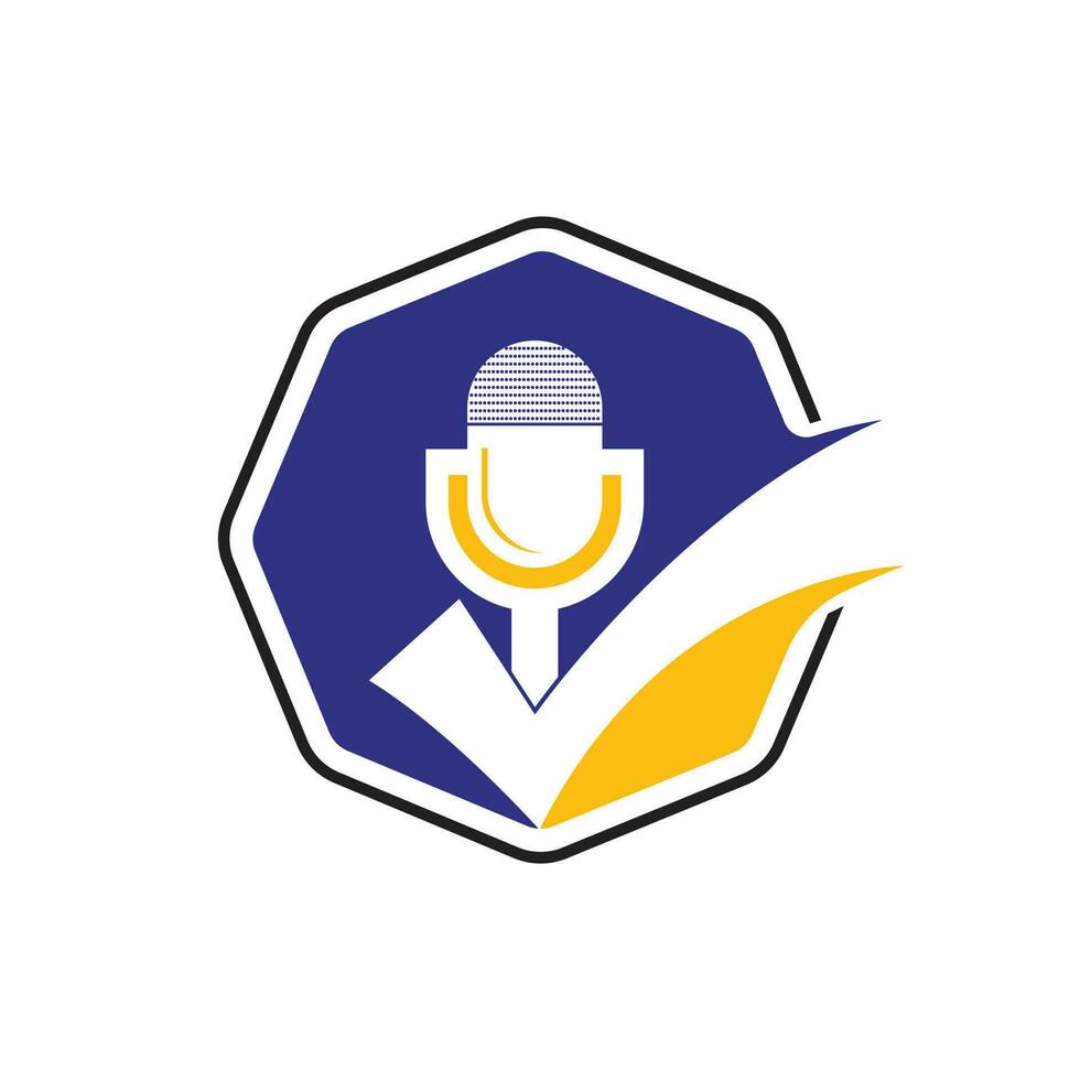 Check podcast vector logo design template. Microphone and tick icon design.