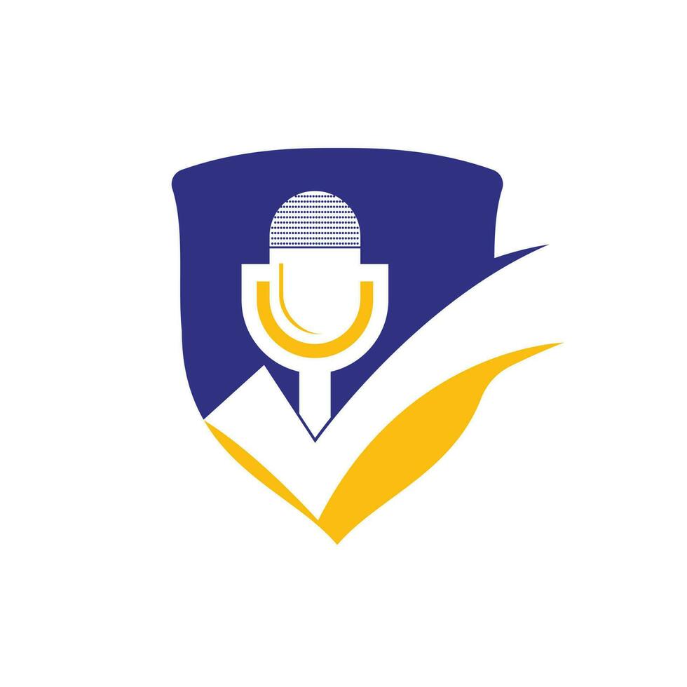 Check podcast vector logo design template. Microphone and tick icon design.