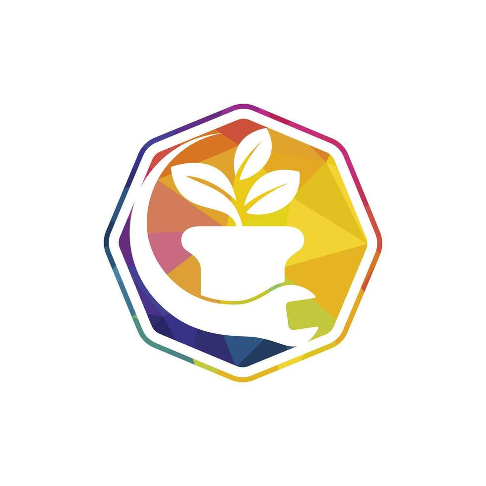 Garden fix vector logo concept. Flower pot and wrench logo icon.