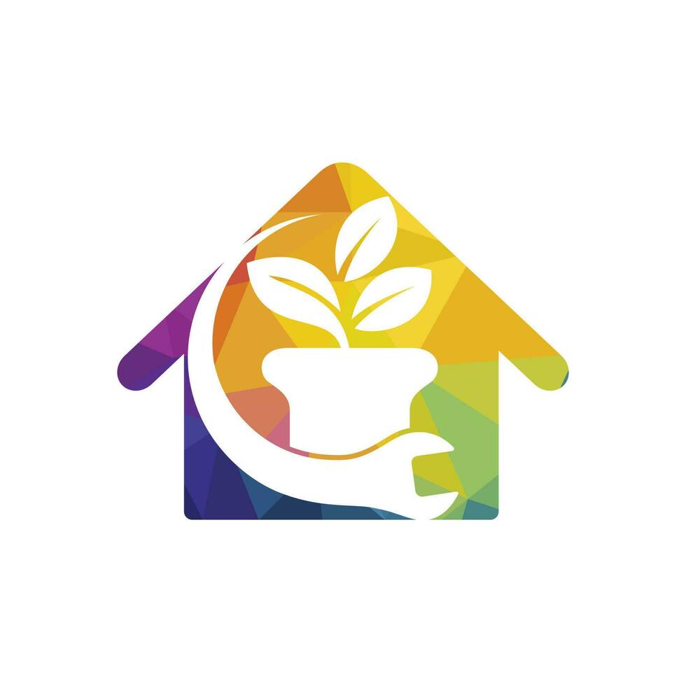 concepto de logotipo vectorial de arreglo de jardín. maceta y llave inglesa con el icono del logo de casa. vector