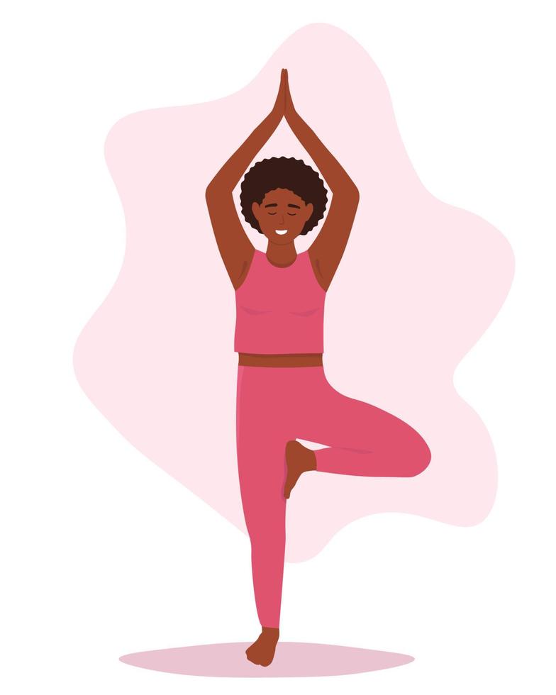 Dark-skinned African woman does yoga, meditate. Vector flat graphics.