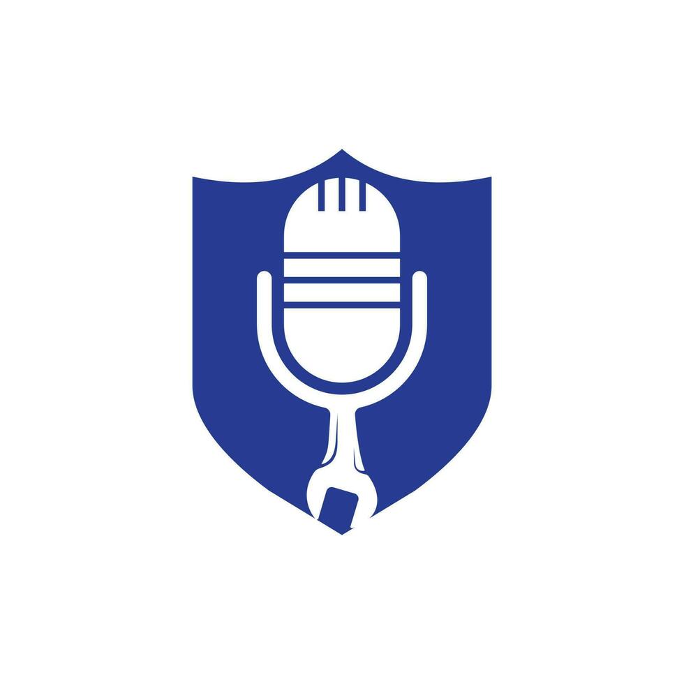 reparar el diseño del logotipo del vector de podcast. diseño de icono de llave inglesa y micrófono.