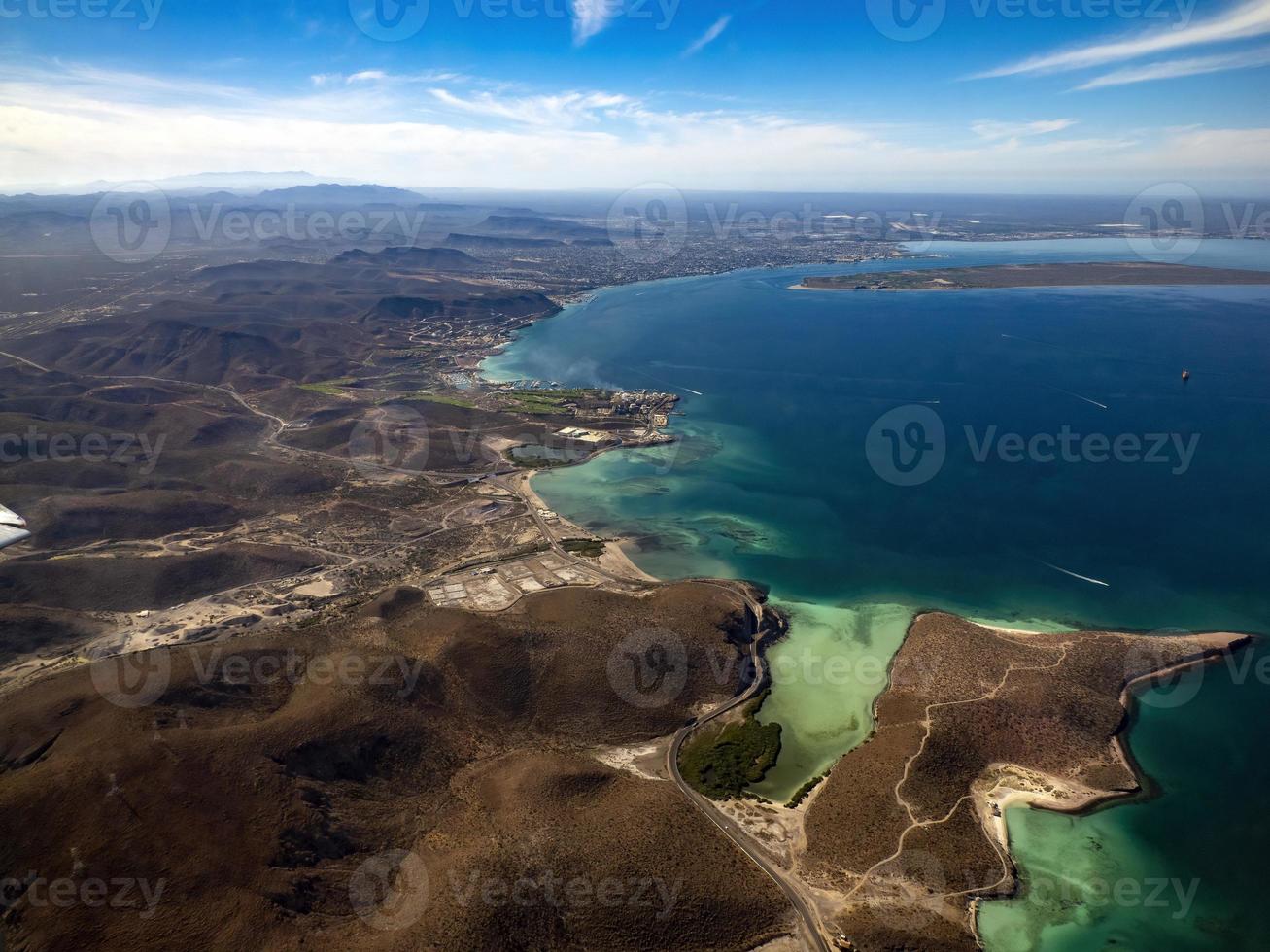 The beauty of Balandra beach in La paz BCS mexico, aerial view from plane before landing photo