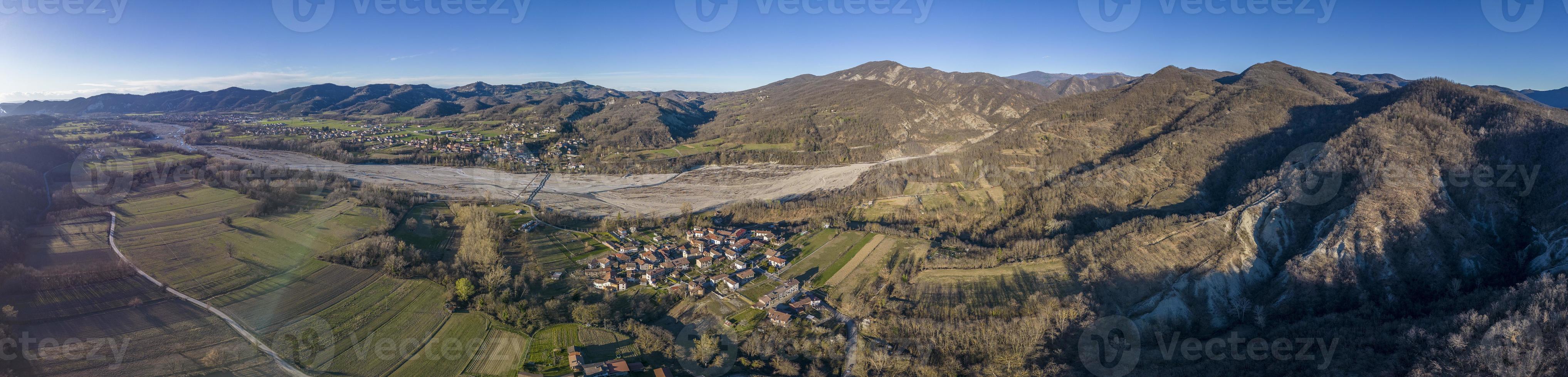 farmed fields of Borghetto di Borbera Piedmont Italy Village aerial View Panorama landscape photo