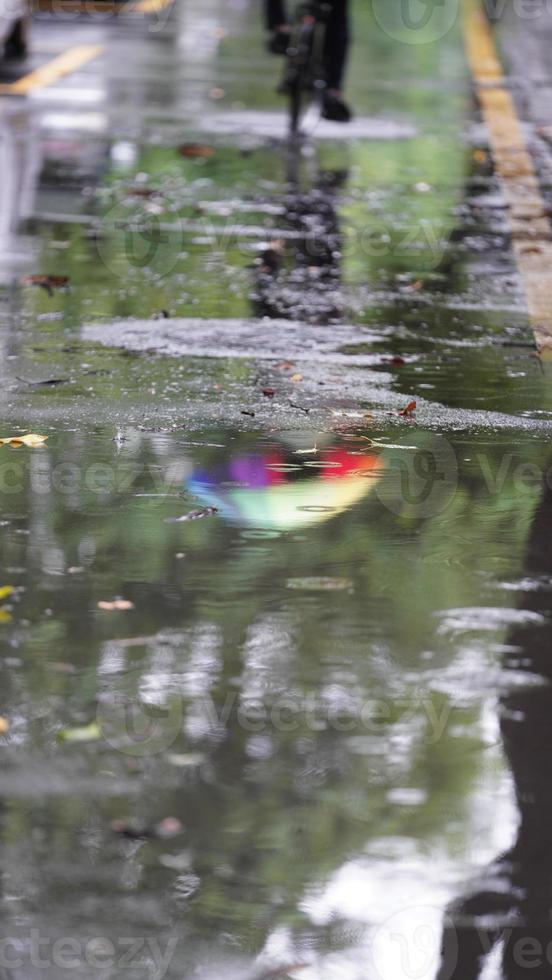 The rainy day view in the city with the wet road and rainy droplets down photo