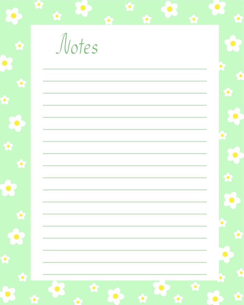 Notes blank lined page template with floral seasonal floral springtime decoration, simple vector illustration for bullet journal, green rectangular frame with flowers printable personal diary