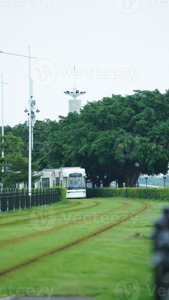 The tram view with the green trees and iron trail in the city photo