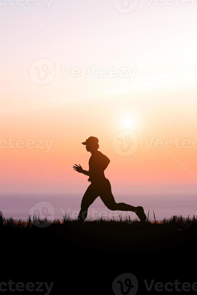 people jogging in the meadow in the evening photo