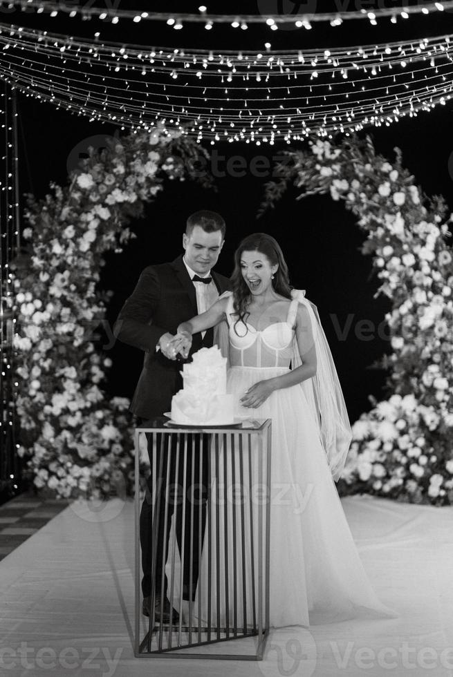 newlyweds happily cut and taste the wedding cake photo