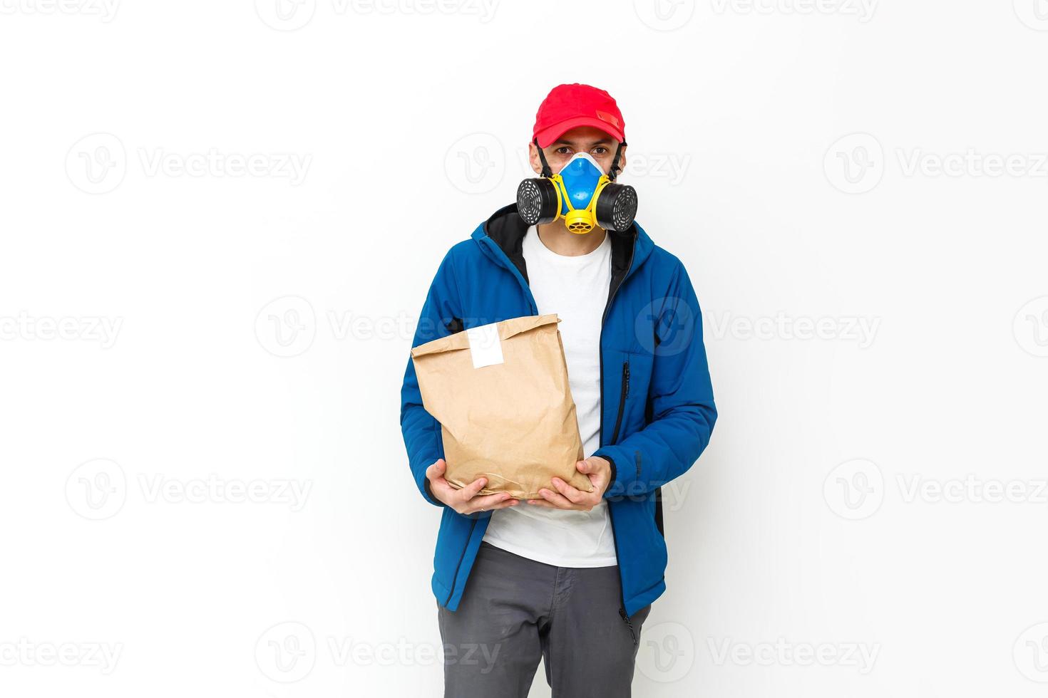 food delivery man Wearing Medical Mask. Corona Virus Concept photo