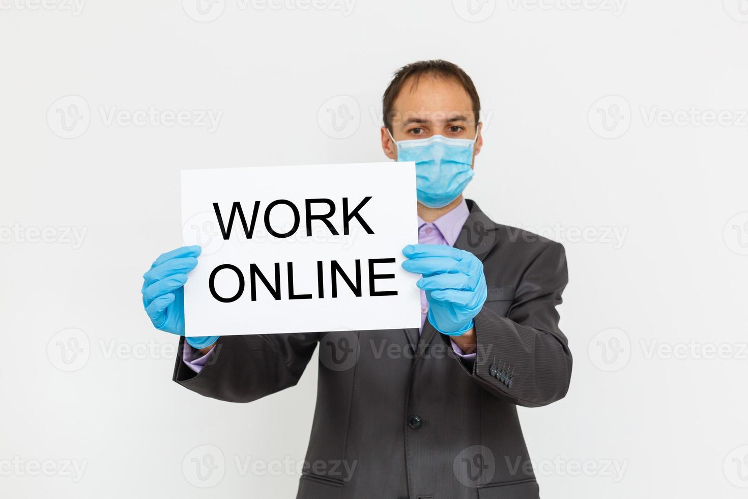 Work Online Concept, Businessman With Mask Holding Digital Tablet, Available Copy Space photo