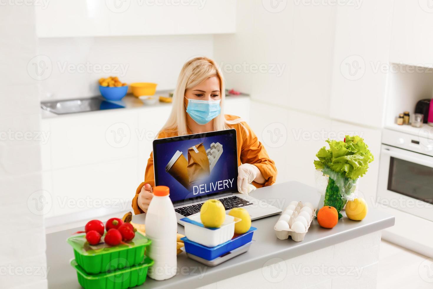 Close up of young woman in denim clothes. Delivery service from shop or restaurant concept. photo