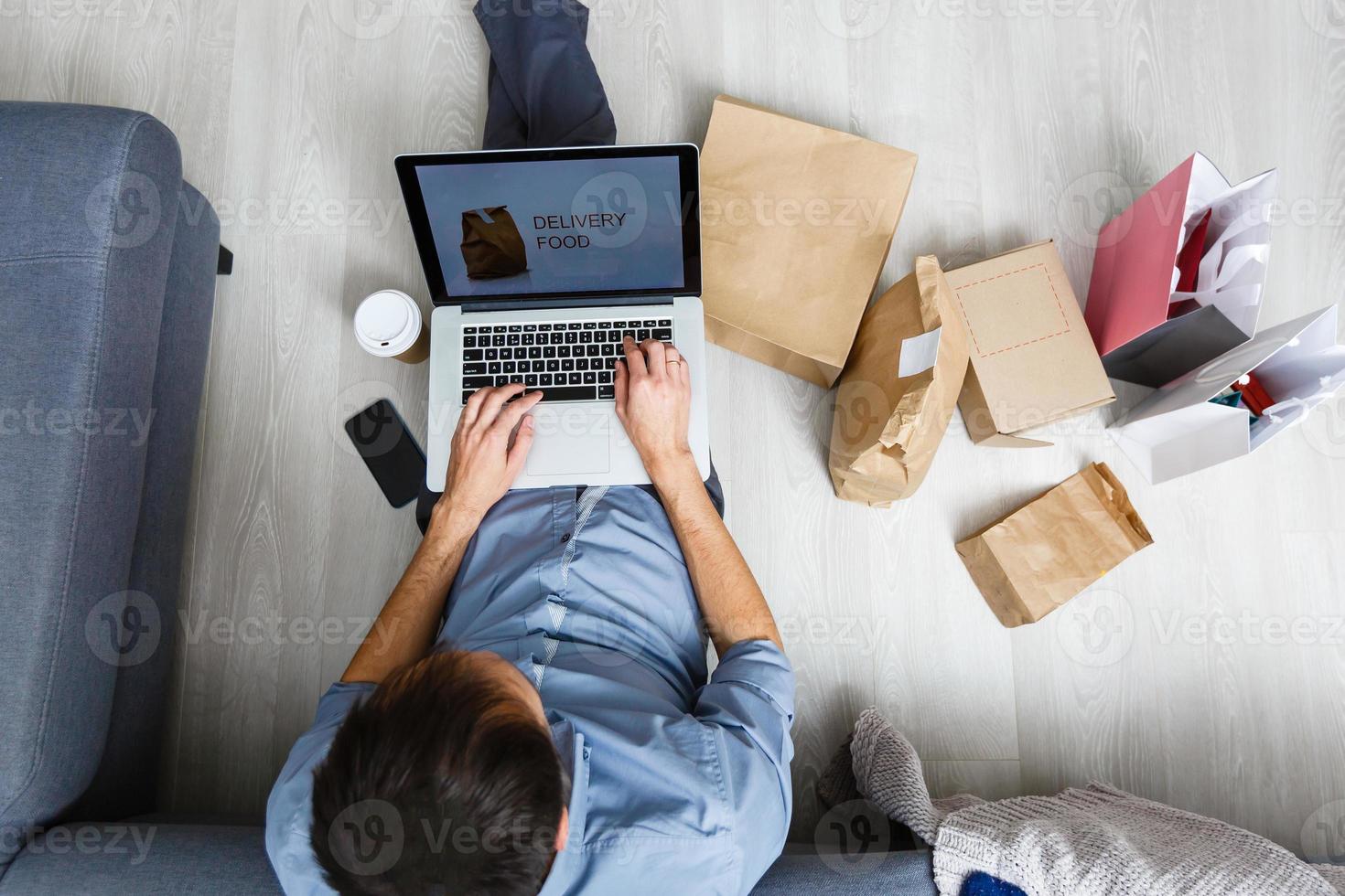 startup small business entrepreneur with laptop, a freelance man working a box, Young Asian business owner at home office, online marketing packaging box and delivery, technology SME delivery concept photo