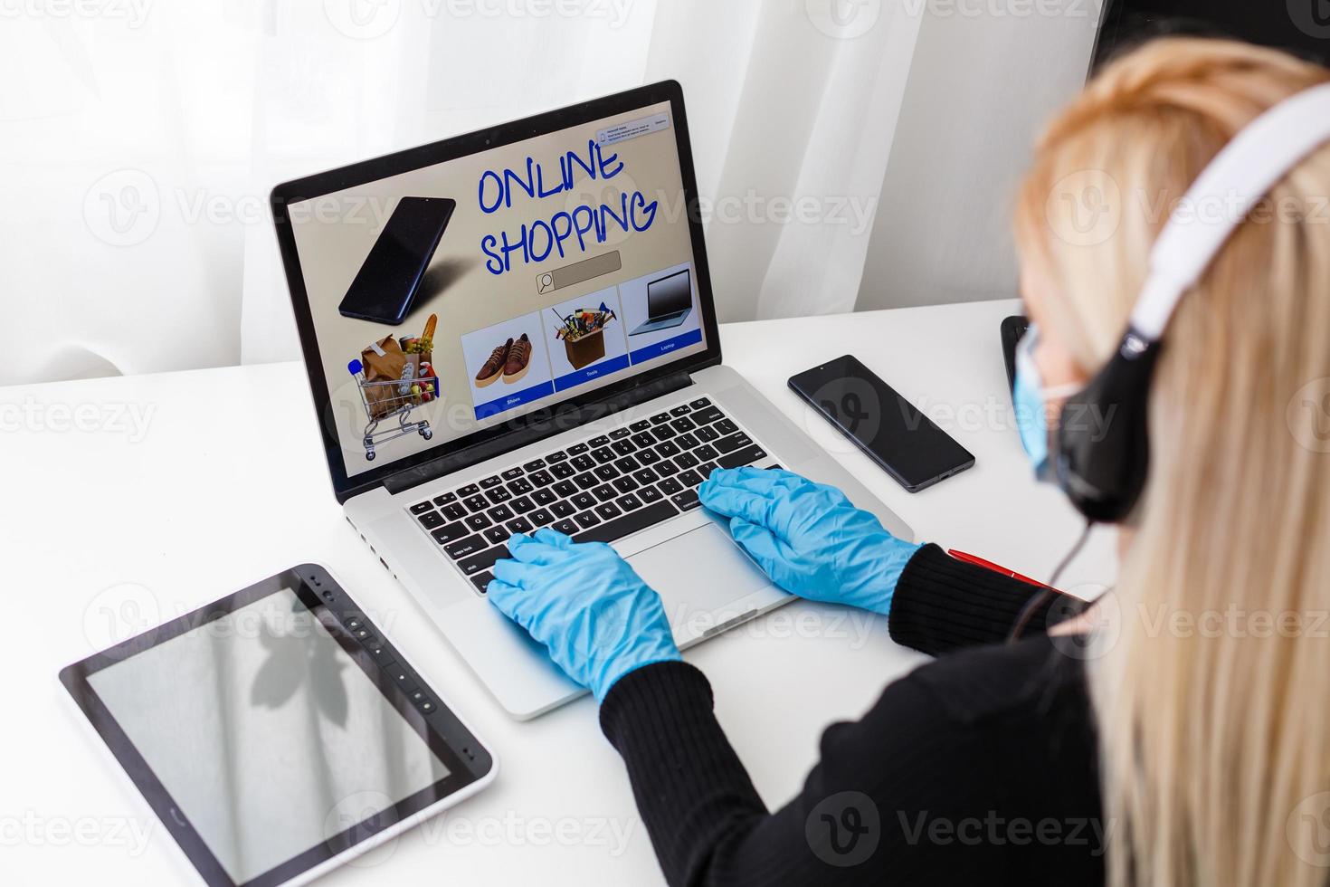 Online shopping during quarantine time. Stay home and shop during self-isolation while being sick photo