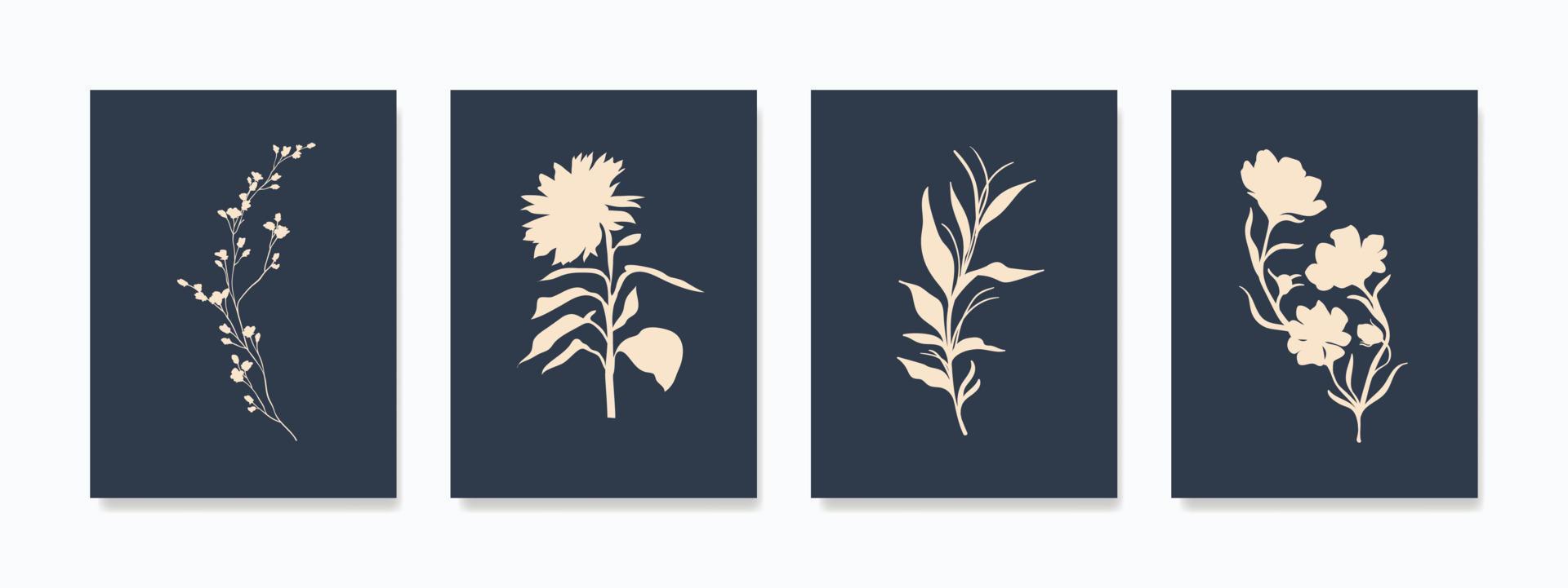 Printable minimalist illustrations wall art. The illustrations feature delicate flowers, leaves, plants, and herbs, on elegant color. Making them a perfect addition to any room. vector