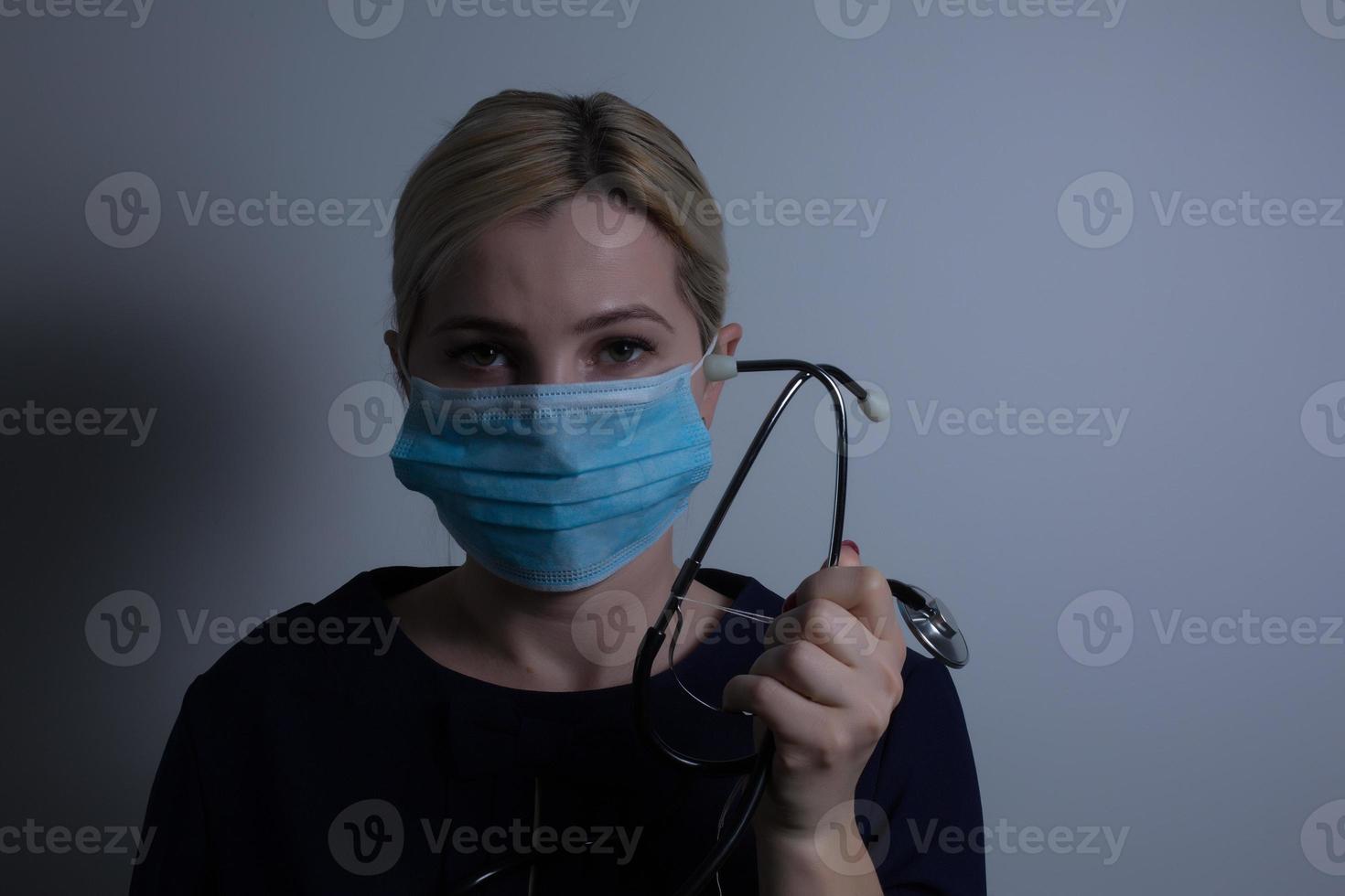 Closeup of a female healthcare professional nurse wearing a protection mask photo