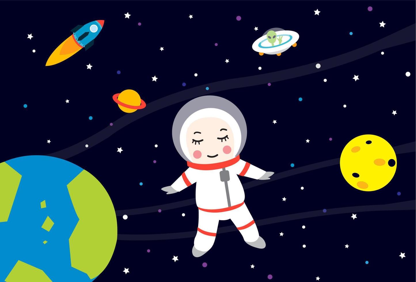 The astronaut is alone in the universe vector in space background. The girl with space suit floating in cosmos with earth, moon, Saturn, UFO, alien, spacecraft and rocket. Cartoon flat design.