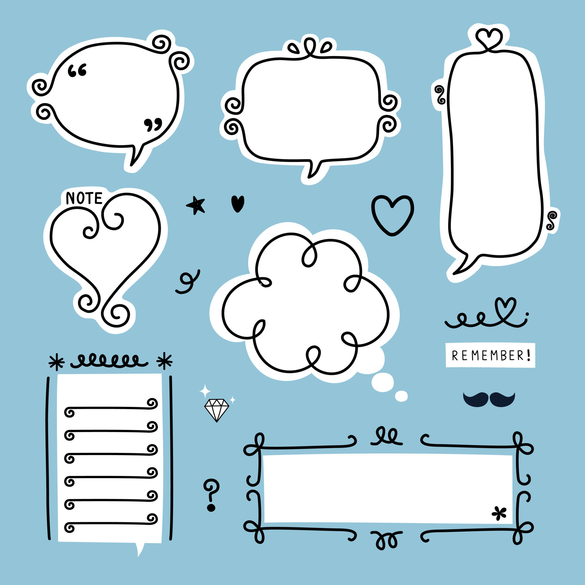 set of blank black and white speech bubble balloon, frame border speak talk text box with icon