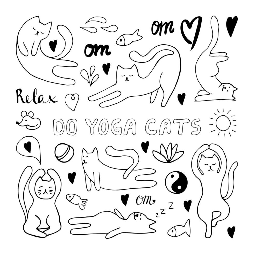 Adorable hand drawn cats set sitting in yoga pose. Isolated on white background drawing for textile prints, child poster, cute stationery. vector