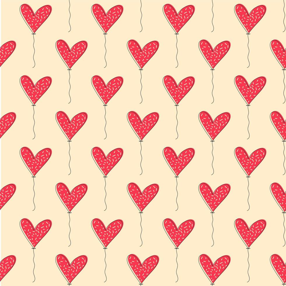 Seamless pattern with heart. Romantic hand-drawn beige background with red balloons. vector