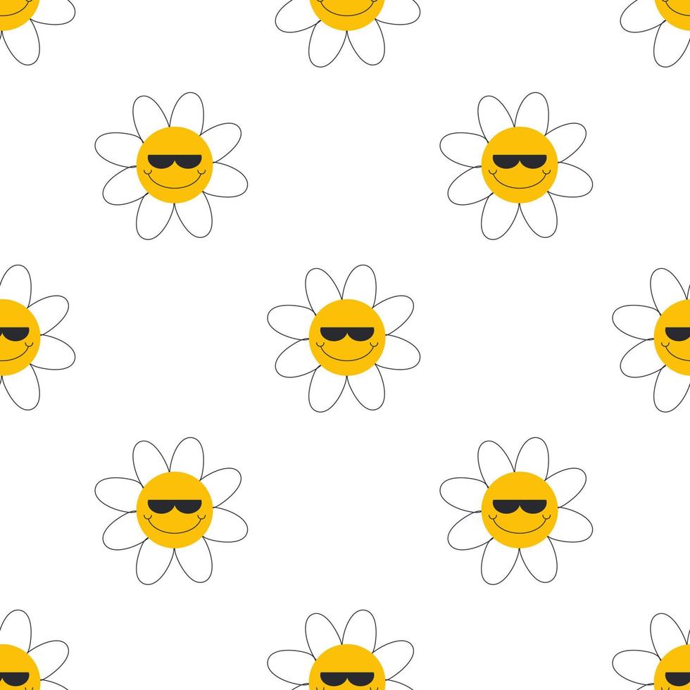 Seamless pattern with chamomile flowers on white background. Funny cartoon flower. Good vibes. vector