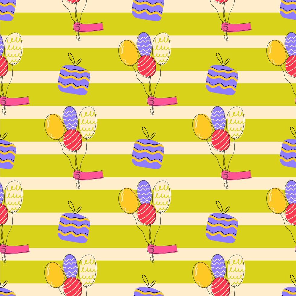 Happy Birthday Background. Balls in hand, gifts, stripes flat vector seamless pattern.