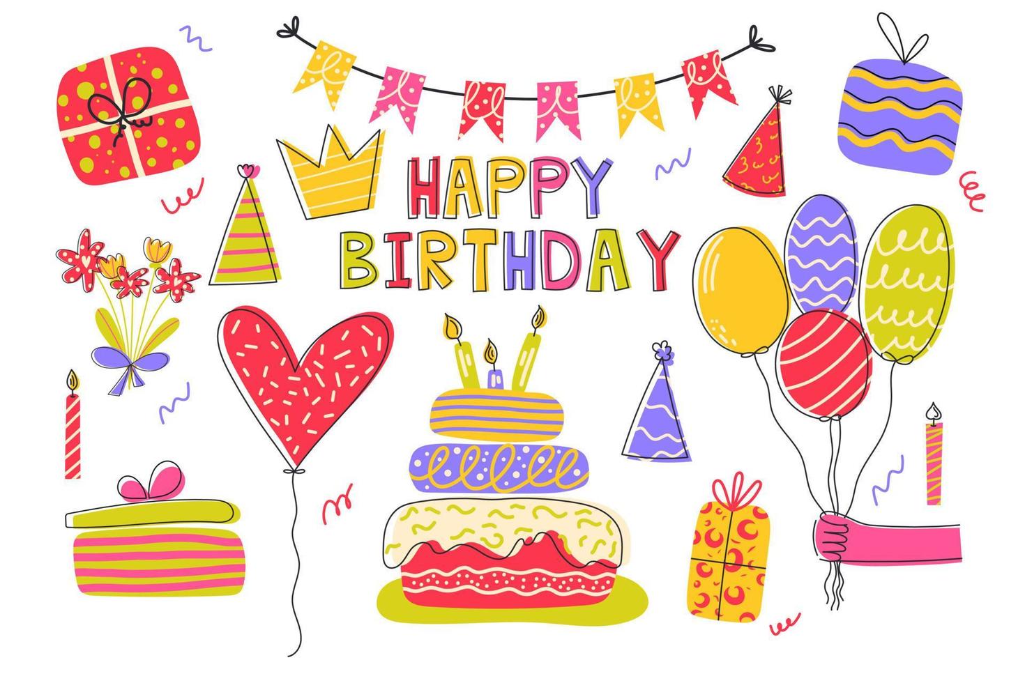 Birthday party vector set. Hand drawn illustrations collection. Cakes with candles, balloons, gifts, festive caps, flowers, confetti and crown.