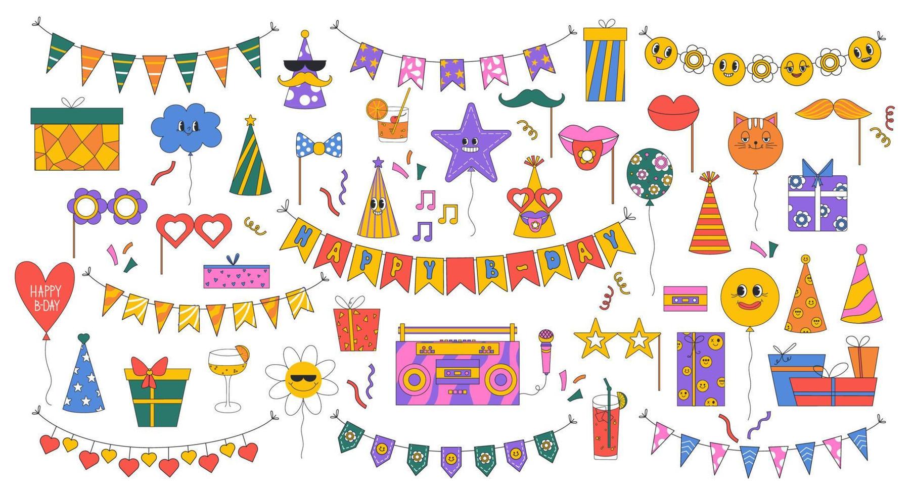 Set of birthday party design elements. Holiday hats, gifts, flags, glasses, confetti, cocktails, balloons and a tape recorder. Birthday party in retro style. vector