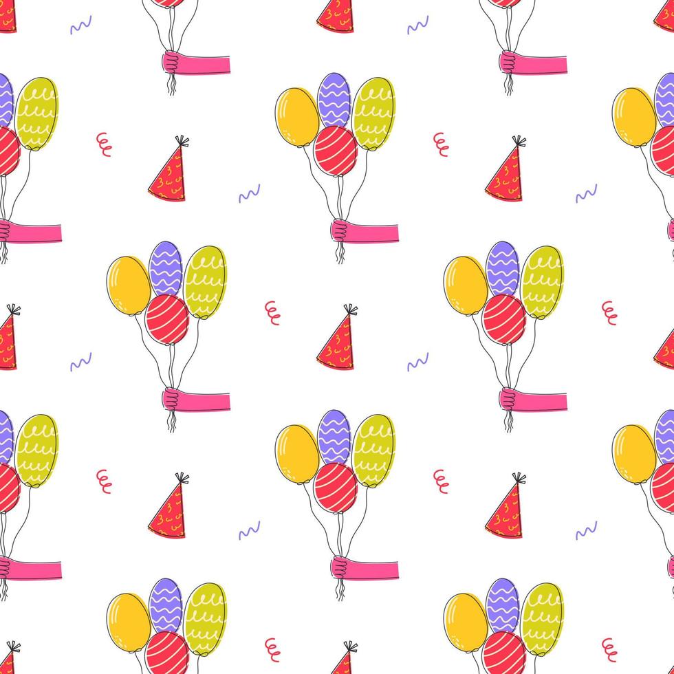 Happy Birthday pattern. Pattern with cake, crown, holiday caps and balloons vector background