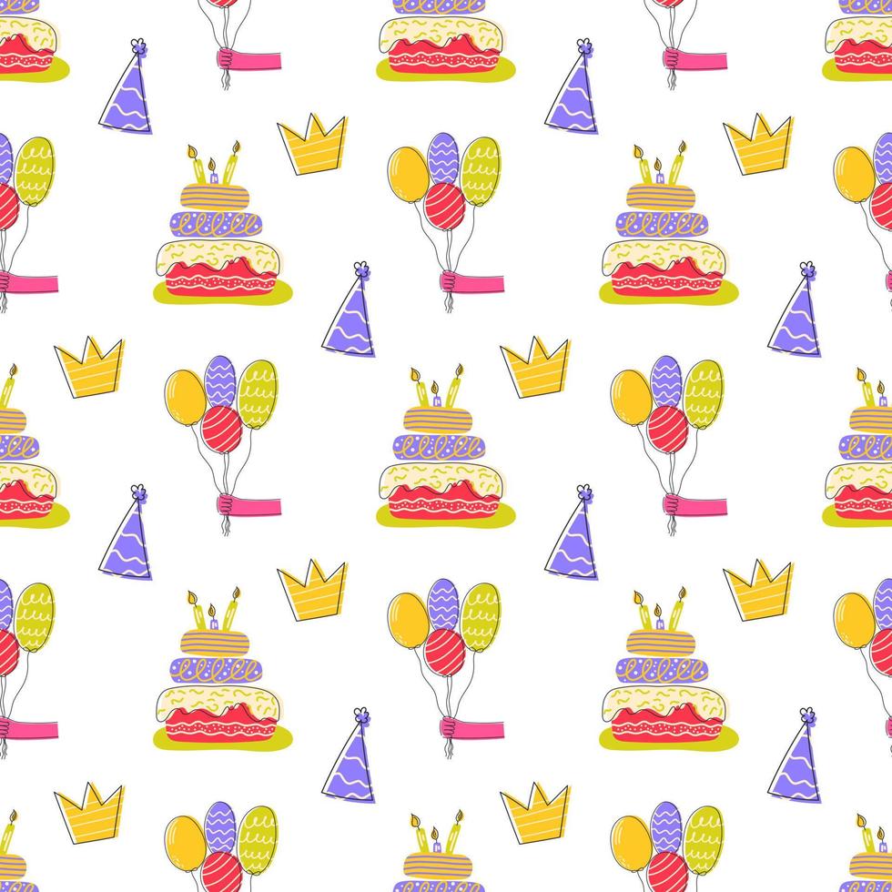 Happy Birthday pattern. Pattern with cake, crown, holiday caps and balloons vector background