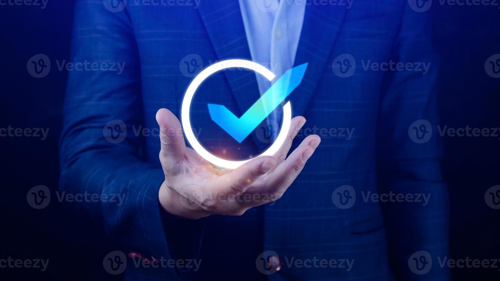 Quality Assurance Control Standards, Hand shows the sign of the top service Quality assurance, Guarantee, Standards, ISO certification and standardization concept. photo