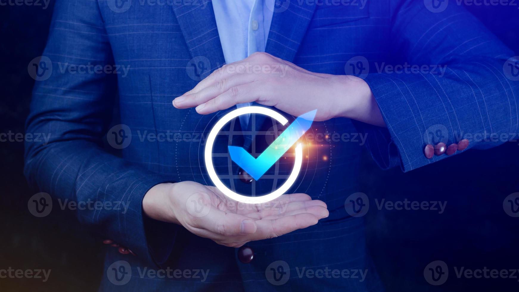 Quality Assurance Control Standards, Hand shows the sign of the top service Quality assurance, Guarantee, Standards, ISO certification and standardization concept. photo