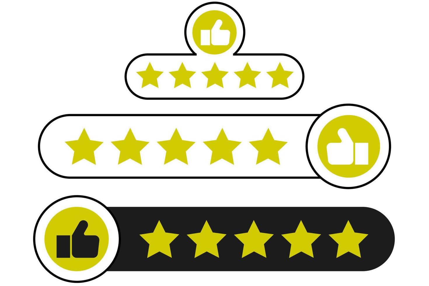 Five Star Rating set with thumbs up icon. Rating stars badges customer positive feedback for quality service. Rate us speech bubble User Satisfaction Rating.Product Positive review of customer Survey. vector