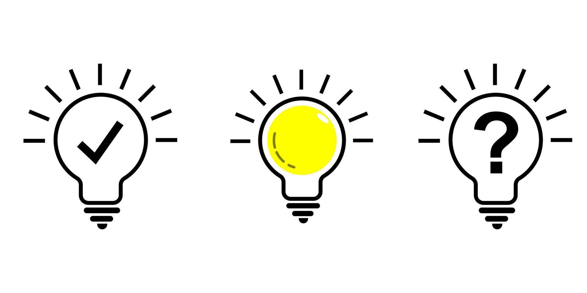 Light bulb with sparkle rays shine. Yellow Light bulb and check mark icon. Idea lamp with Approved icon. Idea sign thinking solution concept quick tip icon. glass LightBulb line icon set. vector