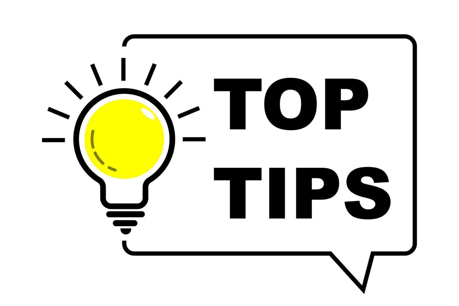 Top Tips icon and Light bulb with sparkle rays shine. Idea sign thinking solution. Idea lamp tooltip trivia. Great idea badge. helpful advice tricks suggestion knowledge and study practice concept. vector