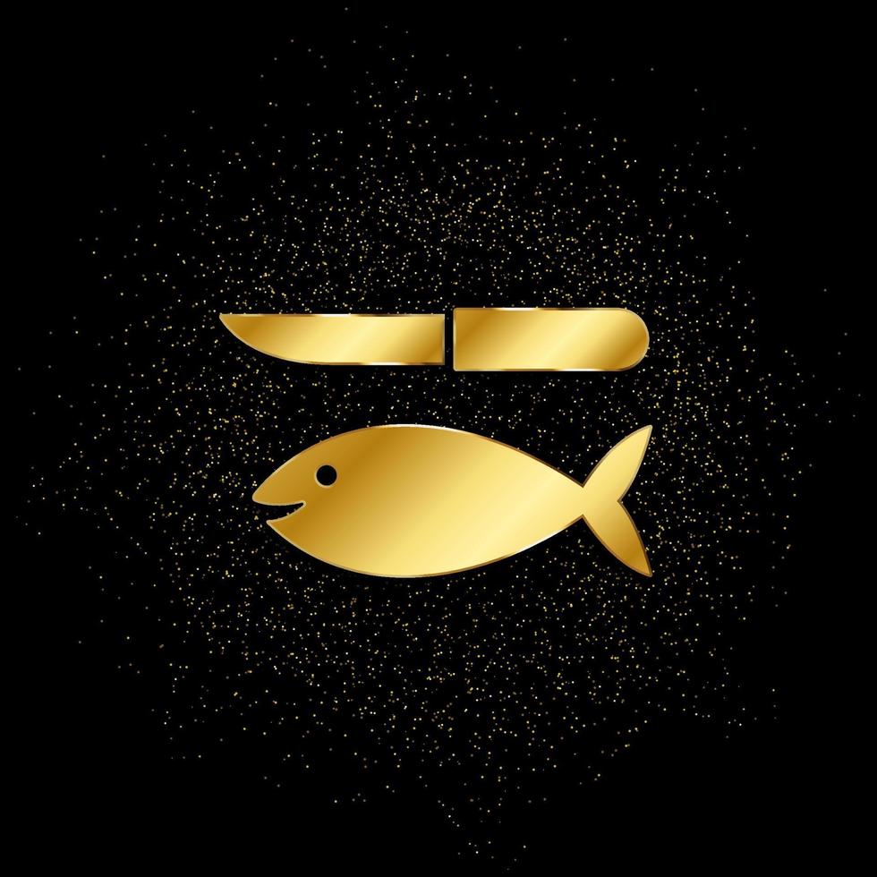 pescado y un cuchillo oro, icono. vector ilustración de dorado partícula en oro vector antecedentes