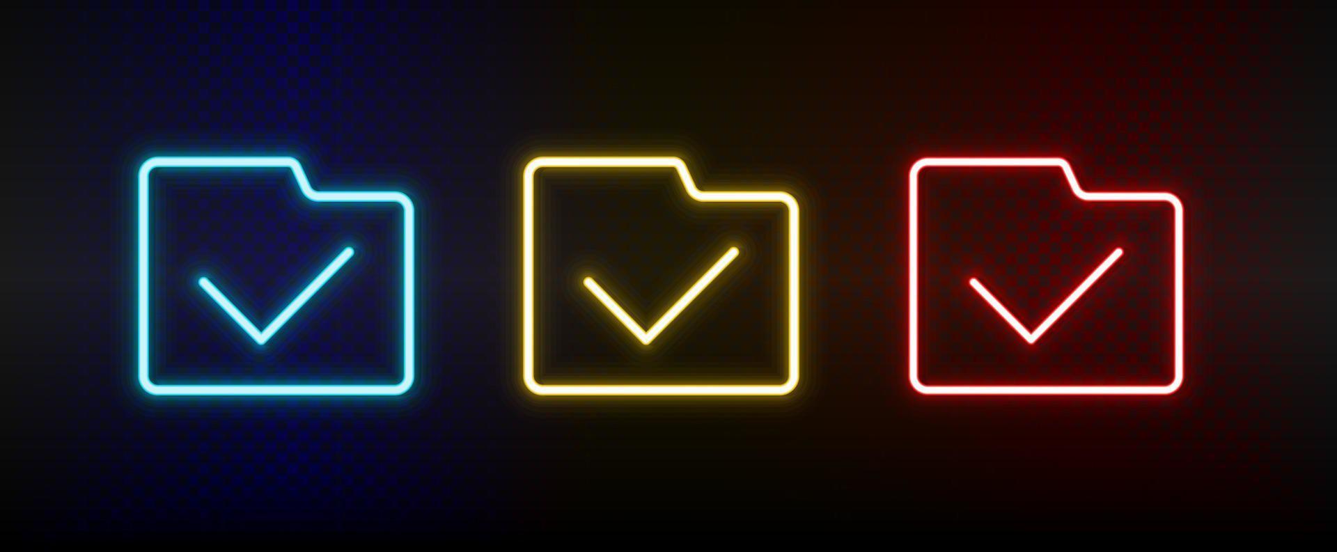 complete, folder neon icon set. Set of red, blue, yellow neon vector icon on dark transparent background