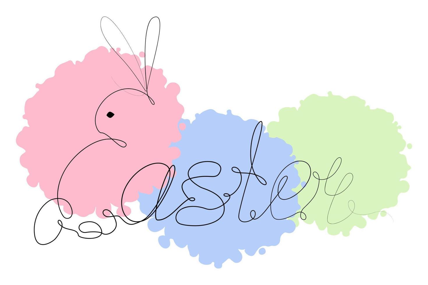 Easter bunny and Easter inscriptions in one continuous line against the background of abstract spots vector