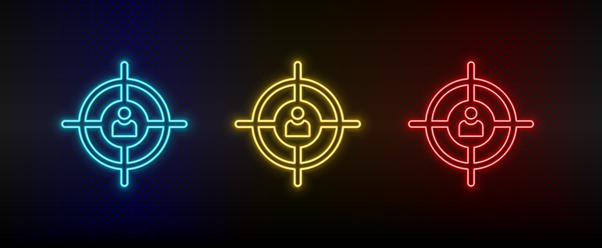 Neon icon set aiming, customer target. Set of red, blue, yellow neon vector icon on dark transparent background