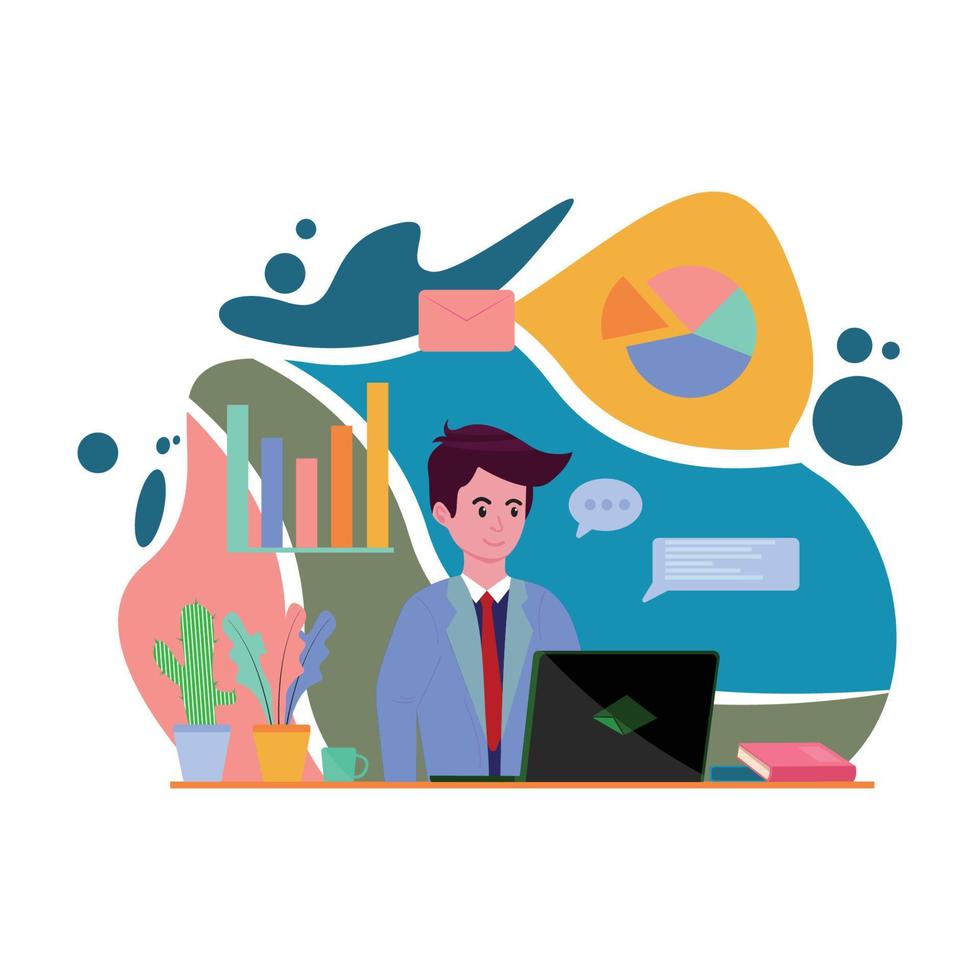 vector illustration of working online in front of a laptop