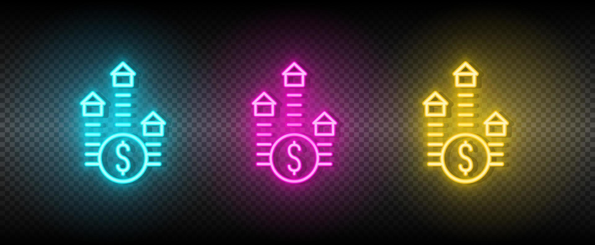 Real estate vector growth, price, money, real estate. Illustration neon blue, yellow, red icon set