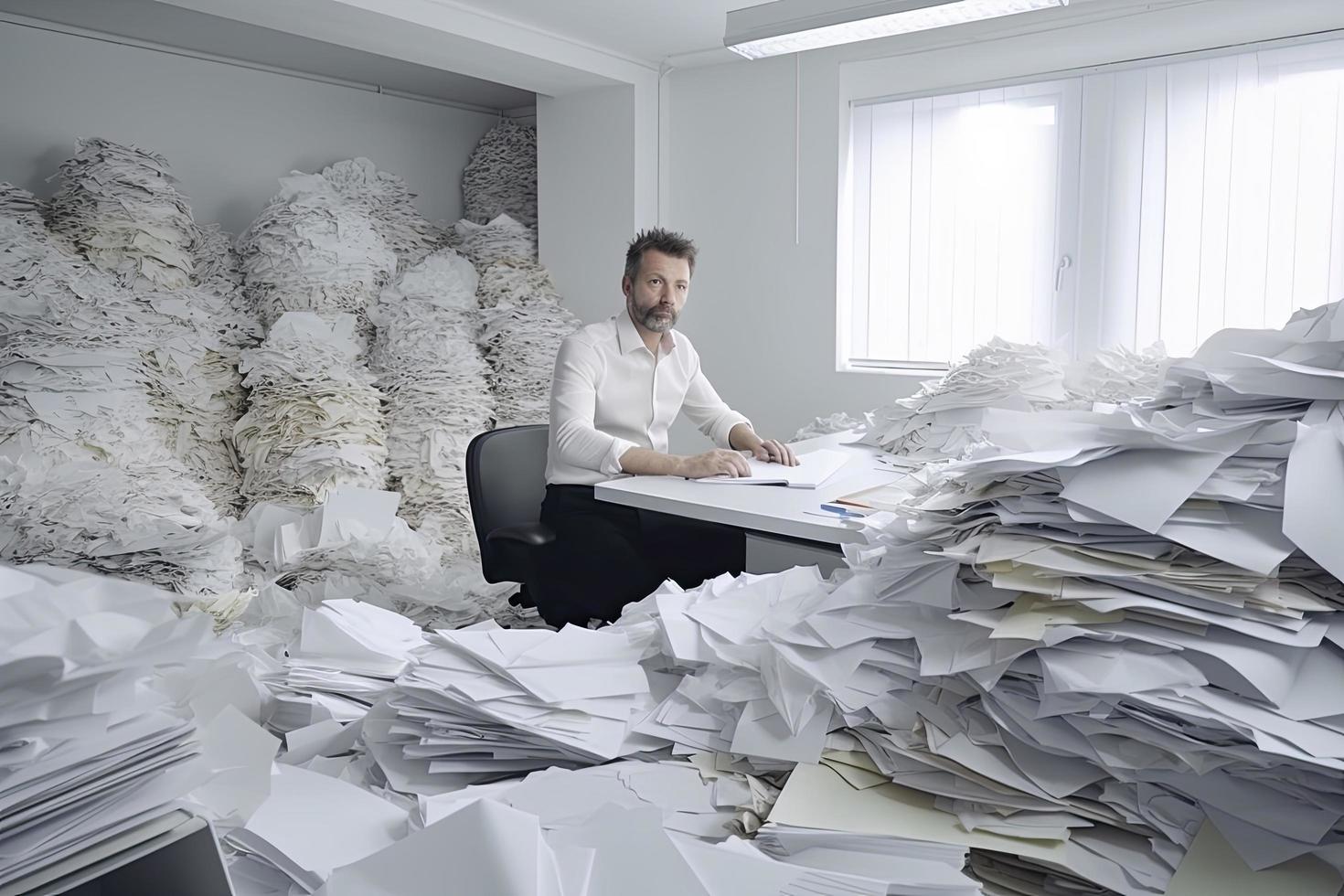 homme au milieu de piles de papiers sur son bureau photo